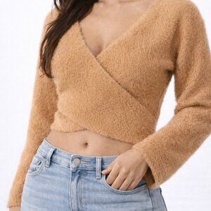 Princess Polly Fuzzy Wrap Sweater Camel S/M NWOT